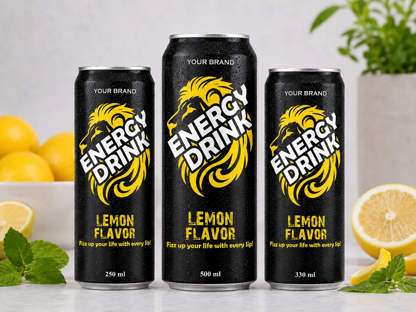 ENERGY DRINK Lemon Flavor 250ml, 500ml and 330ml cans.